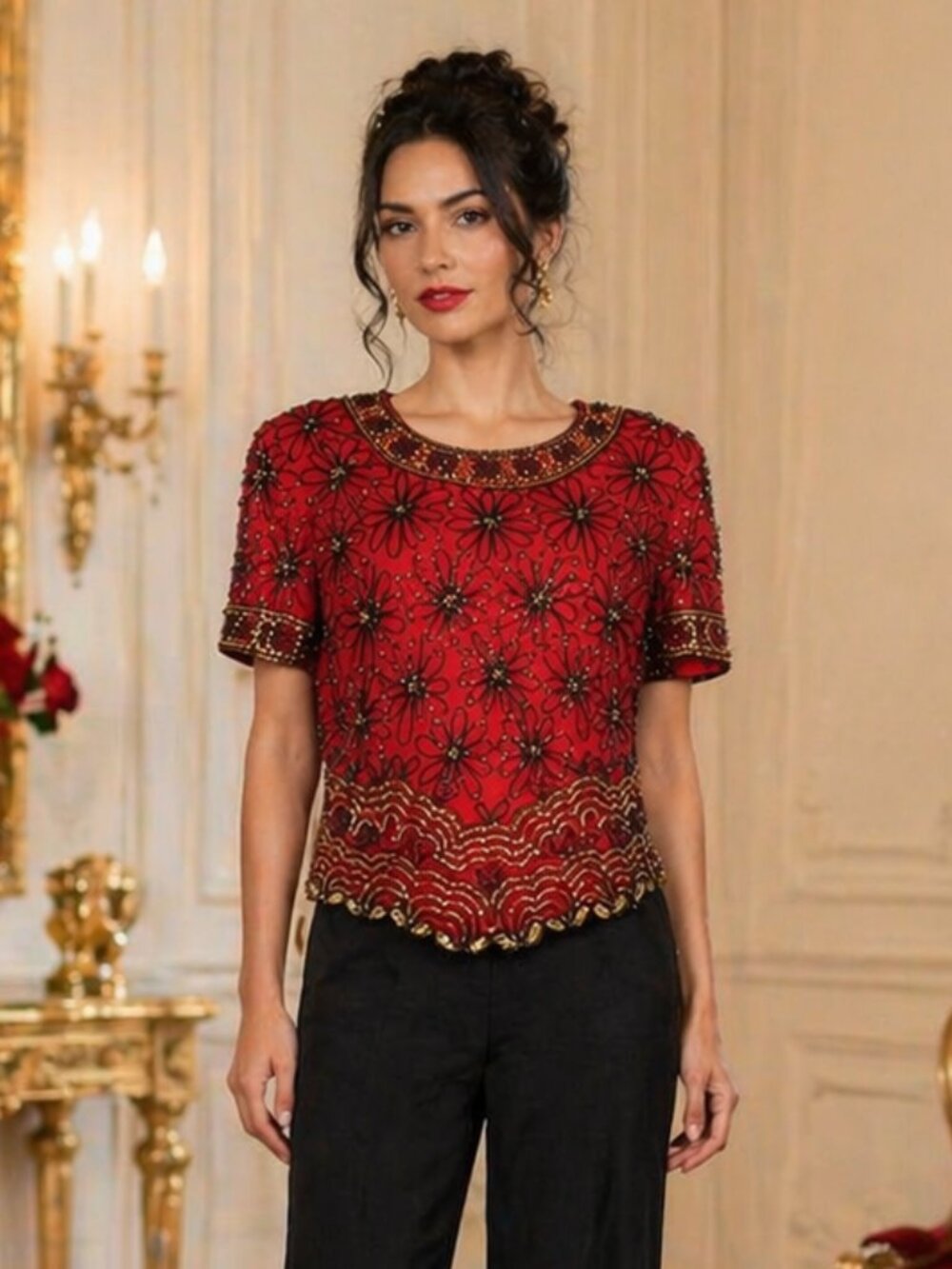 Papell Boutique Silk Beaded Blouse Red Floral Vintage Small